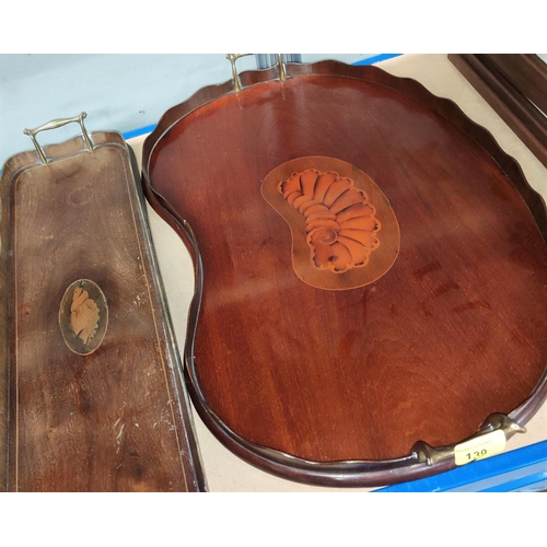 139 - A kidney shaped Edwardian Sheraton style inlaid mahogany tray and a similar rectangular tray