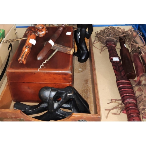 162 - A model on stand of a 3 masted ship, a mahogany jewellery box and a carved figure, cork screws etc