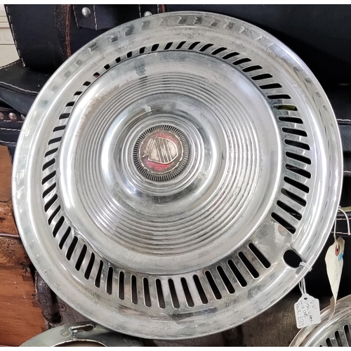 360 - Five large industrial light shades in silvered metal; 2 vintage chrome hub caps