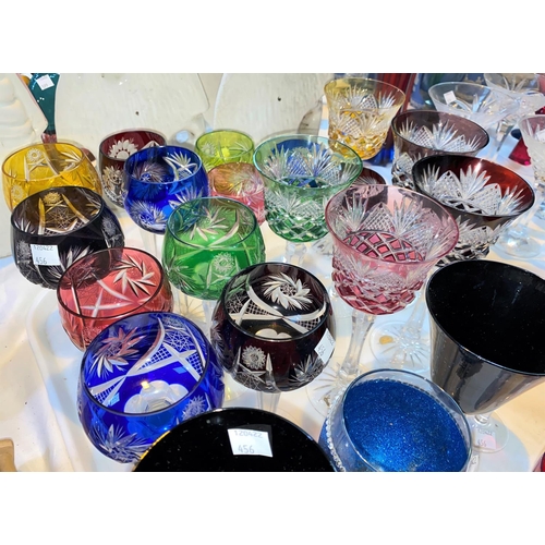 456 - A selection of cut glass coloured drinking glasses, mainly wines