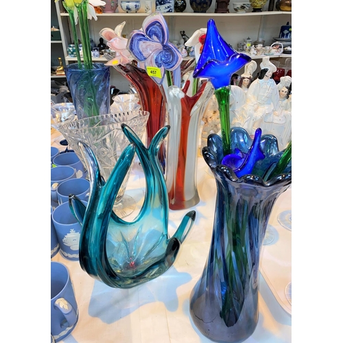 457 - A selection of Murano style glass flowers with long stems, various colours, two large cut glass vase... 