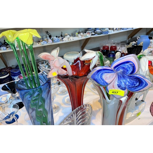 457 - A selection of Murano style glass flowers with long stems, various colours, two large cut glass vase... 