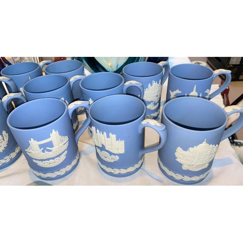 459 - 14 Wedgwood Jasperware wine tankards all decorated with mainly London sites, St James, Trafalgar Squ... 