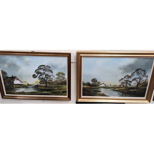 769B - Denby Page:  River landscaped, near matching pair of oils on canvas, signed, 50 x 5 cm, framed