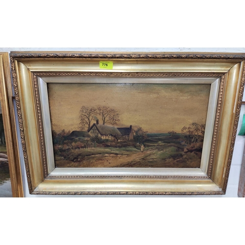 776 - A 19th century figure by a country cottage, oil on canvas, unsigned, 29 x 50cm, framed; a 19th centu... 