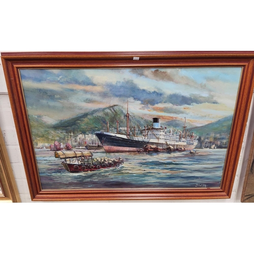 776B - J Halliday: Antilochus, ocean liner Chinese port, oil on board signed, 50x75cm