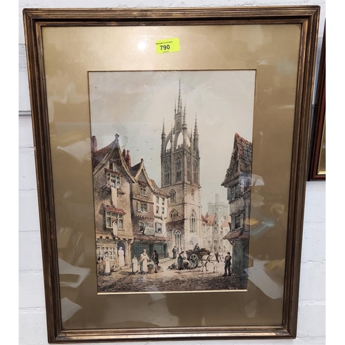 790 - Charles Rousse (British) water colour of Cathedral in street, framed and glazed