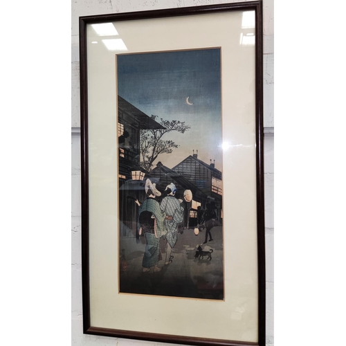 794 - Three Japanese prints signed, one of an owl, one of a rooster and one of a night street scene