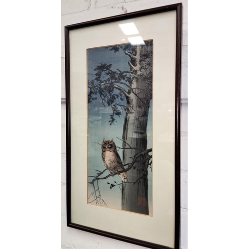 794 - Three Japanese prints signed, one of an owl, one of a rooster and one of a night street scene