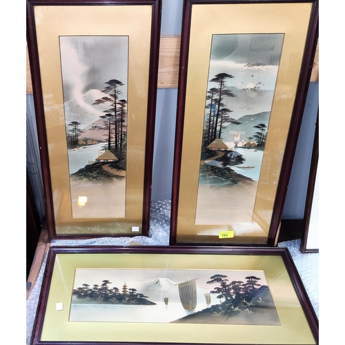 793 - Three framed Japanese pictures with gilt highlights, two views of Mount Fuji, a Chinese watercolour ... 