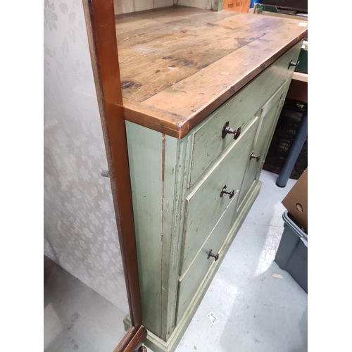 809 - A 19th century pine kitchen dresser in 'antique' green finish, with 2 height delft rack, 3 drawers a... 