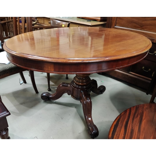 863 - A Victorian mahogany looe table with oval top, on turned column, 3 scroll feet and castors, length 1... 