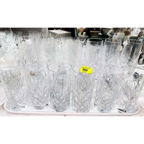 504 - A selection of cut drinking glasses:  champagne flutes; tumblers; wine; etc.