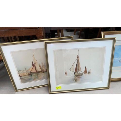 767 - Two watercolours of boats on calm waters signed H.O framed and glazed, two framed prints fro the Tat... 