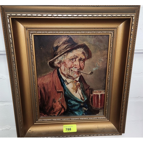 788 - A continental school oil on board, half length portrait of an old man with a pipe and beer in gilt f... 