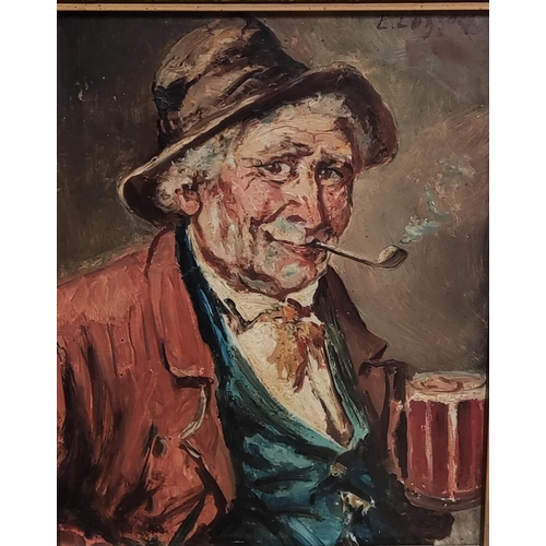 788 - A continental school oil on board, half length portrait of an old man with a pipe and beer in gilt f... 