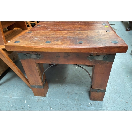 857 - A heavy rustic square top coffee table; a fluted stained mahogany torchere