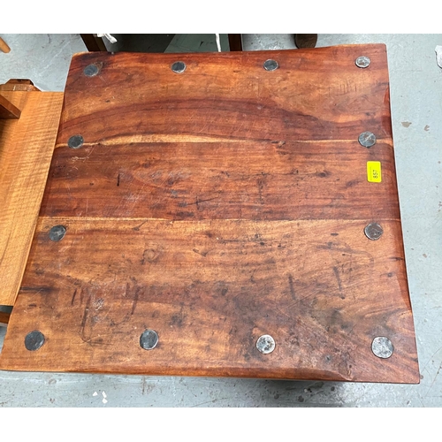 857 - A heavy rustic square top coffee table; a fluted stained mahogany torchere