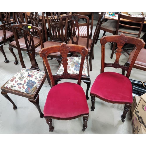 854 - Three Queen Anne style dining chairs; a pair of Victorian mahogany dining chairs; a wheel back armch... 