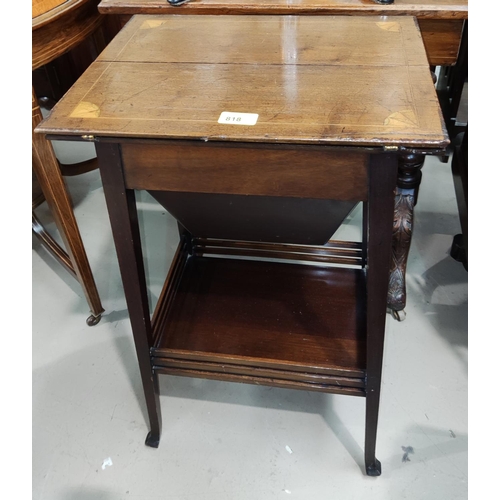 860 - An inlaid mahogany sewing box table with shelf below