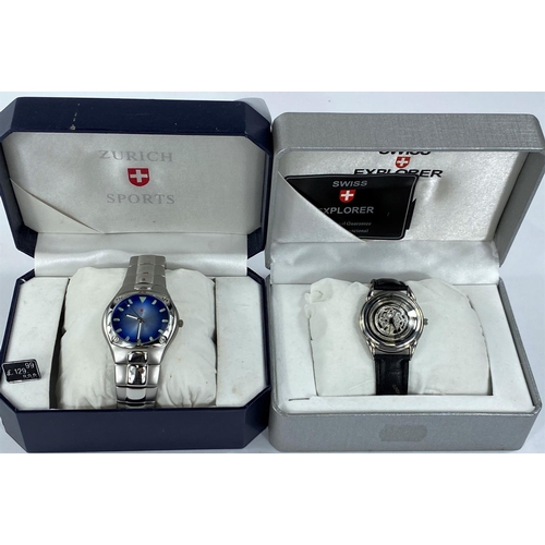 645 - A gents stainless steel Swiss Explorer watch, boxed and another on black strap