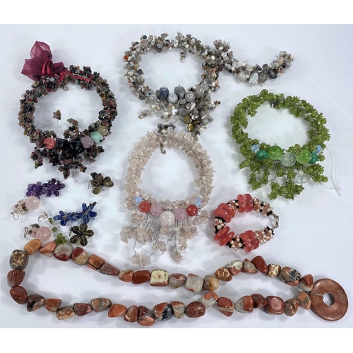 705 - A selection of modern necklaces formed from small multi pieces of semi precious stones, and a heavy ... 