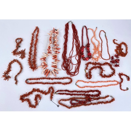 708 - A selection of vintage coral necklaces including one' shark tooth' style