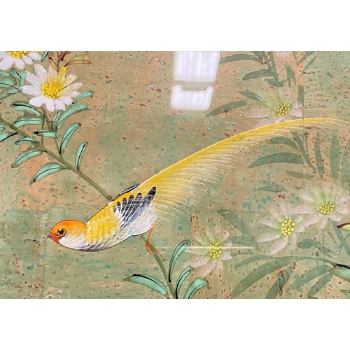 752 - Chinese/Japanese School:  Exotic bird on flowering shrub, watercolour on sectional cork panel, ... 