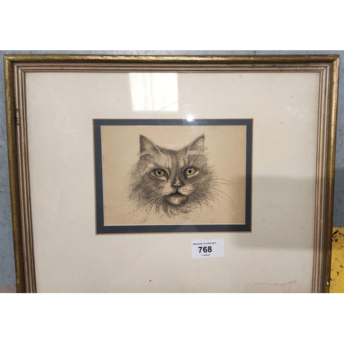 768 - An early 20th century watercolour of a cat's face in black and white with yellow eyes, signed indist... 
