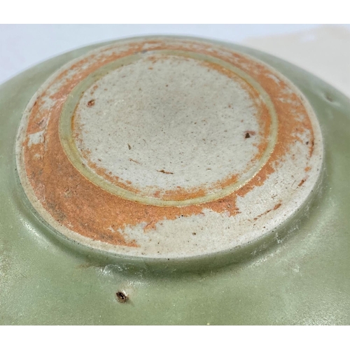 413 - A Chinese celadon glazed stoneware bowl with incised decoration and 'Greek Key' border, diameter 17c... 
