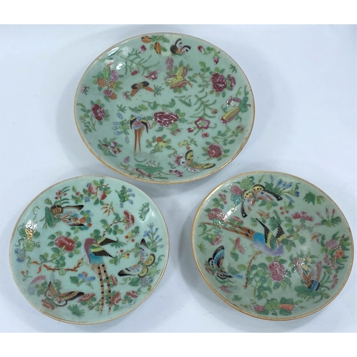 436 - A large and 2 small celadon ground Chinese famille vert plates, diameter 24 and 19cms