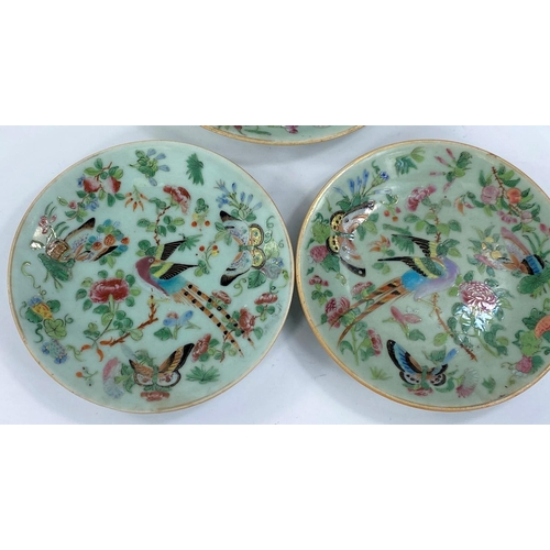 436 - A large and 2 small celadon ground Chinese famille vert plates, diameter 24 and 19cms