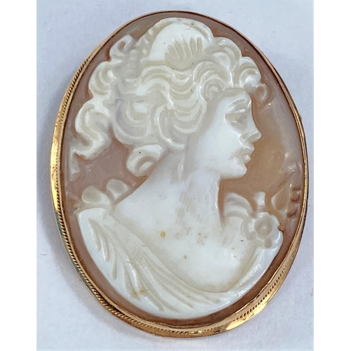 612 - A female head shell cameo brooch, the surround stamped 9kt