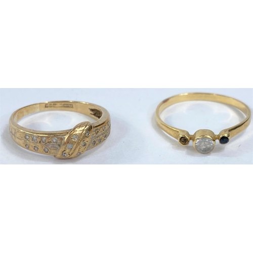 616 - A small yellow metal 3 stone ring stamped 14K, 1gm (stone missing); a 9 carat hallmarked gold ring; ... 