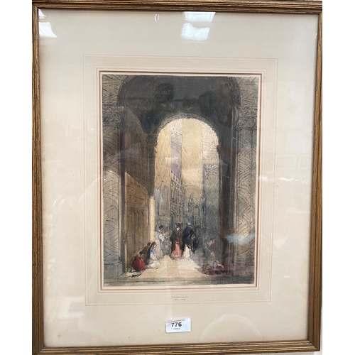 776 - William Roxby Beverley 1811-1899, watercolour of the interior of a church with columns, 33 x 24cm, g... 