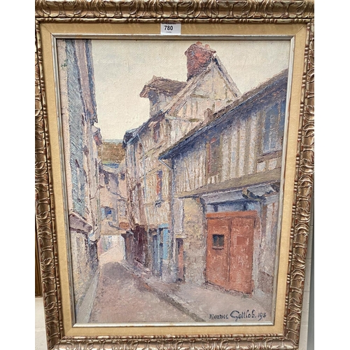 780 - Maurice Gottlebb:  Continental village street with half timbered houses, oil on canvas, signed,... 