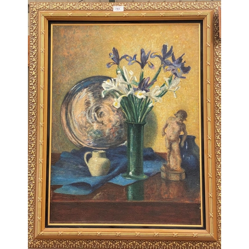 783 - B H Richardson:  Still life, iris in a vase, un signed, attributed on the reverse, framed