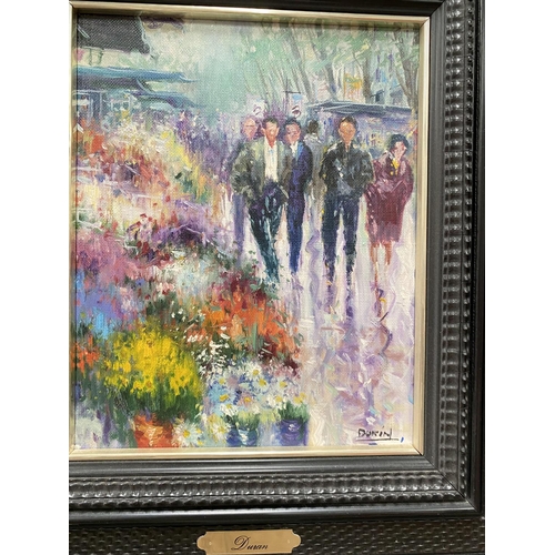 788 - Duvan:  Impressionistic street scene with figures and flower sellers, pair of oils on canvas, 2... 