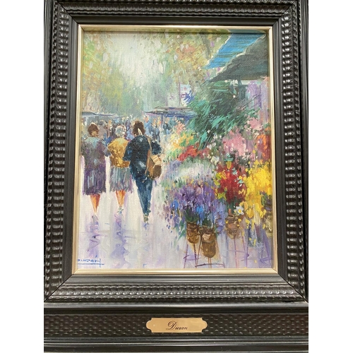 788 - Duvan:  Impressionistic street scene with figures and flower sellers, pair of oils on canvas, 2... 