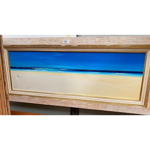 790 - Walton 20th Century Cornish, Beach sea and sky, oil on canvas, signed, 29 x 90 cm, framed; 2 similar... 