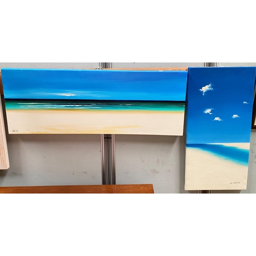 790 - Walton 20th Century Cornish, Beach sea and sky, oil on canvas, signed, 29 x 90 cm, framed; 2 similar... 