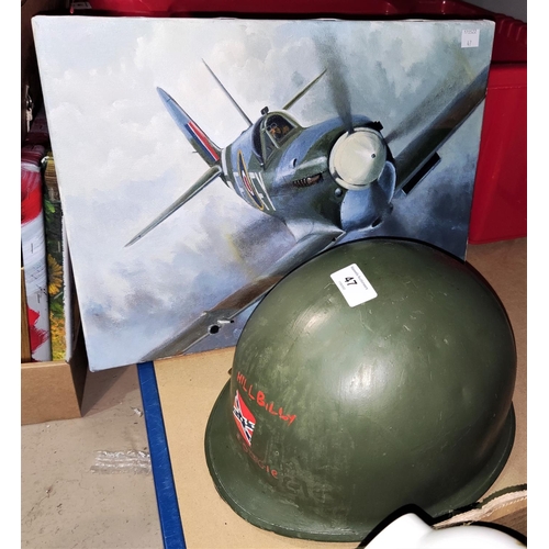 47 - An American metal helmet from the Vietnam War period, with painted decoration; an oil painting of a ... 