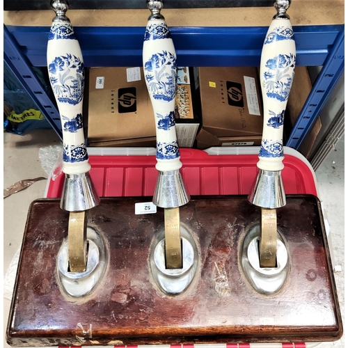 52 - 2 bar mounted blue and white ceramic beer engine handles