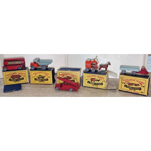 151 - 5 Moko Lesney Matchbox Series boxed diecast vehicles - No 5, 6 ,7, 9 & 10 (worn boxes)