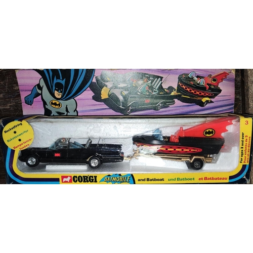 170 - A vintage Corgi Batmobile and Batboat No 3 boxed (box a bit knocked and plastic split) a vintage Bat... 