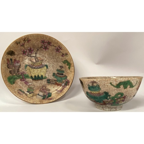 408 - A late 19th / early 20th century Chinese crackle glaze famille verte bowl and dish decorated with va... 