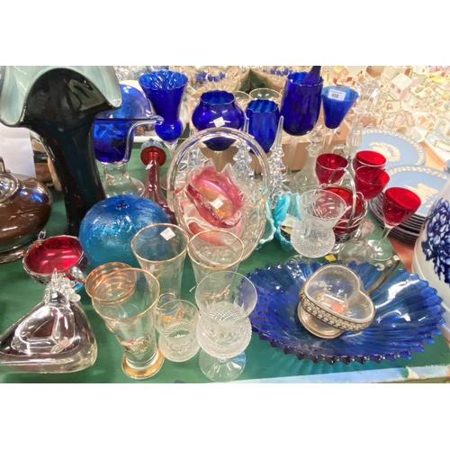 459 - A selection of coloured and decorative glassware and 12 Babycham glasses
