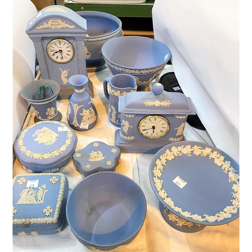 479 - A selection of Wedgwood light blue Jasperware:  2 clocks; bowls; vases; etc.