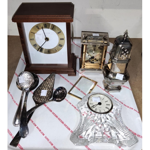 100 - A modern carriage clock (a.f.); 3 other clocks; a silver plated sugar sifter; 4 servers