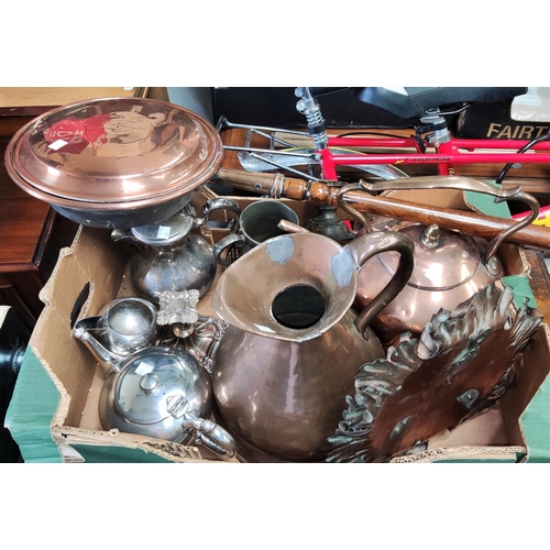 61 - A 19th century copper kettle and warming pan; silver plate and other metalware